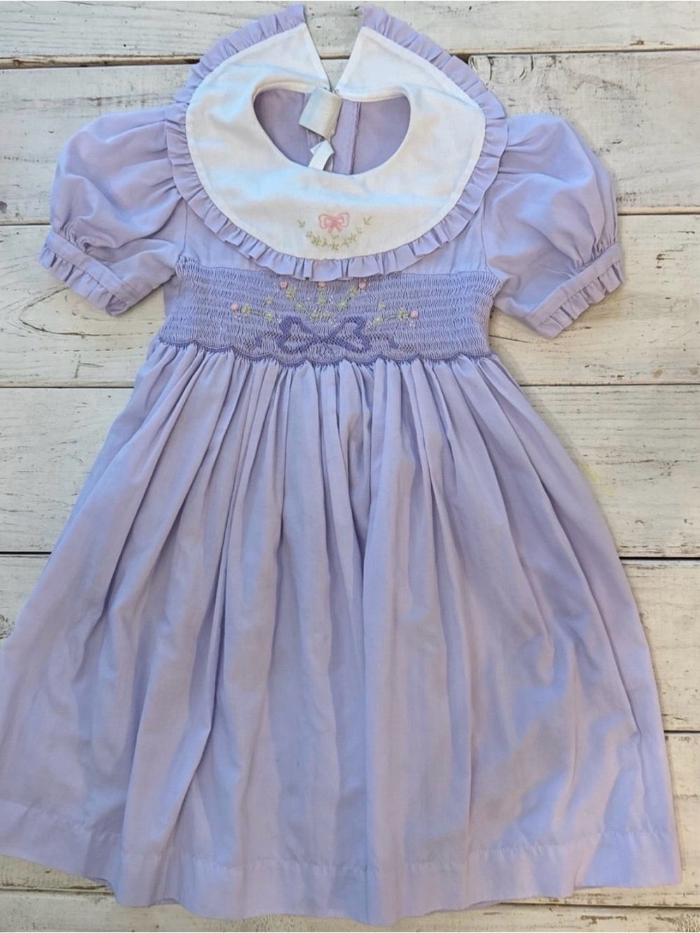Classic Vintage Lavender Smocked Dress with Peter Pan Collar Floral Design